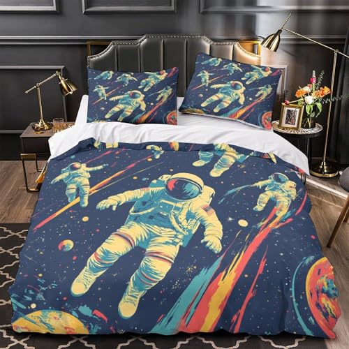 VWENOLRIX Astronauten im Weltraum 3D Bedruckt Bettbezug 3teilig Mikrofaser atmungsaktiv Vintage-Retro-Raum Deckenbezug 2 Kissenbezüge maschinenwaschbar Paare Familie Single?140x200cm?