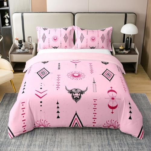 Homemissing Pink Südwesten Aztek 100% Baumwolle Bettwäsche Set 135x200cm Kinder Bohemian Boho Betten für Jungen Mädchen Highland Kuh Geometrische rustikale westliche Sonne Mond Bettbezug Zimmer Dekor