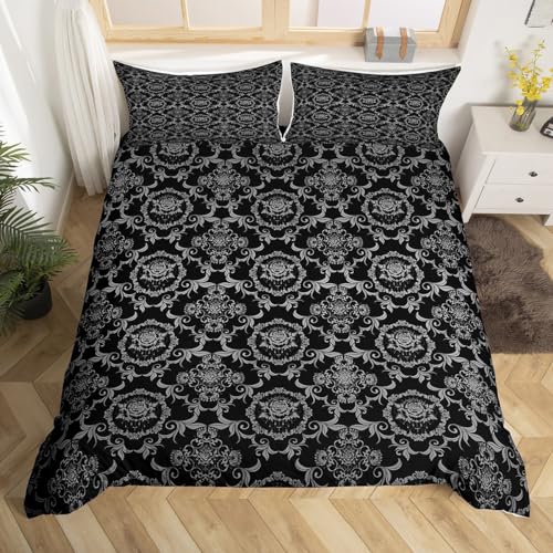 richhome Bettwäsche-Set für Erwachsene, Gothic, Baumwolle, Einzelbett, Vintage, Rose, Boho, Bettdeckenbezug-Set, schwarz-weiß, Damast-Bettbezug, luxuriöse Bauernhaus-Tagesdecke, Raumdekoration