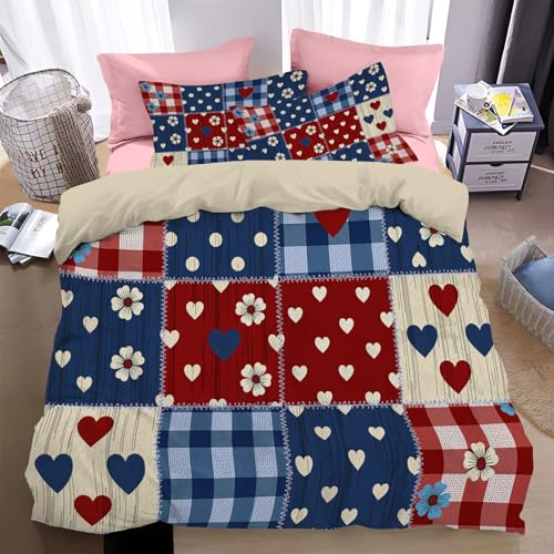 Bettwäsche 200*200cm Gebranntes Orange Vintage-Landhaus-Patchwor k Bettbezug Set 3 Teilig Punkte und Herzmuster Blümchen Blumenmuster Weich Bettwäsche-Sets mit 2 Kissenbezüge und Reißverschluss