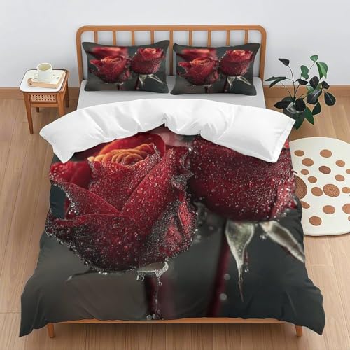 Pechiwuo Rose Bettwäsche 220x240 cm 3 Teilig Bettwäsche Set 3D Blumen Bettbezüge Set Weiche Mikrofaser Bettbezug 240 x 220 cm + 2 Kissenbezüge 80x80 cm R1000