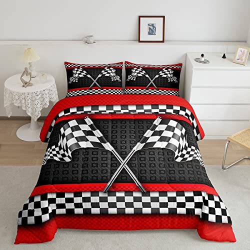 Bettwäsche-Set mit Rennwagen-Motiv, volle Größe, schwarz-weiß karierte Flagge, Bettwäsche, Bettdecke, Schlafzimmer-Kollektion, rote Streifen, geometrisches Raster, kariertes Bettwäsche-Set für