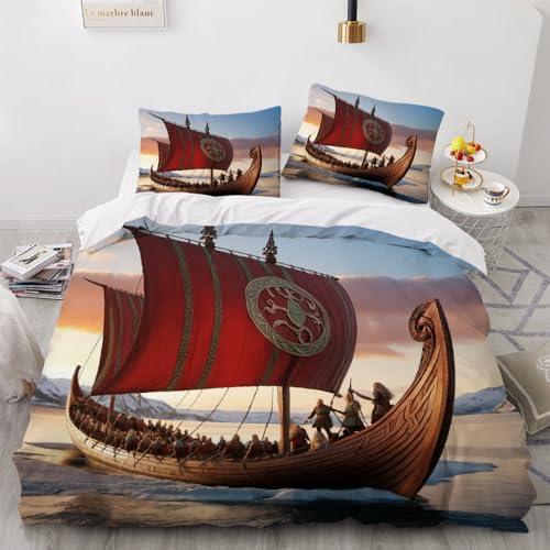 Bettbezug 200x220 cm Bettwäsche Winter 3D Pirat Wikinger Muster Intensive Farbe Mikrofaser Bettwäsche Warm Sanft Bettbezug mit ReißVerschluss Und EckbäNdern + 2 Kissenbezug 80x80 cm Flauschig