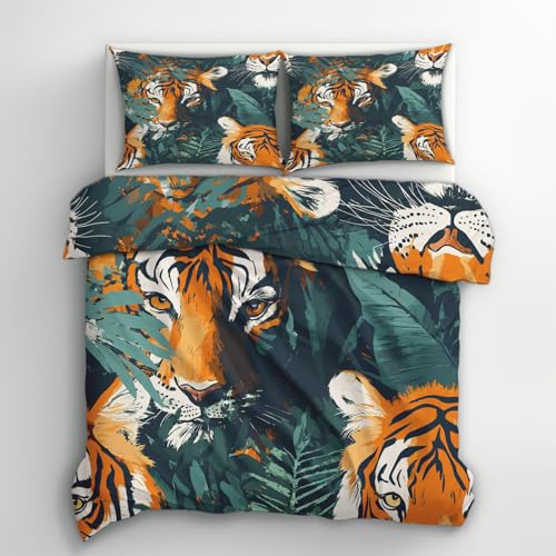Generisch Bettwäsche 135x200 Tiger Design, 2teilig - Dschungel Tiere Bettbezug und 1 Kissenbezug 80x80, Wendebettwäsche, Schlafzimmer Deko, Mikrofaser, mit Reißverschluss Z&X16