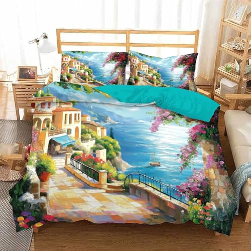 Reversibel Bettwäsche 135X200 Winter Retro-Ölgemälde Bettwäsche Wintermotiv Stadt, Meer Weihnachts-Bettwäsche 135X200 + 80X80 Cm - Winterbettwäsche Microfaserwendebettwäsch e Warme Kissenbezug