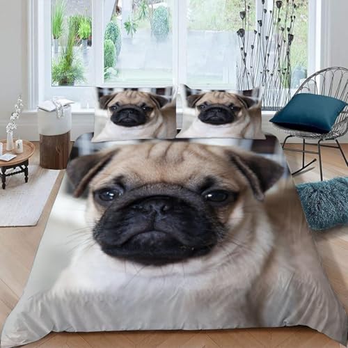 Mops Bettwäsche 180x200 Hund Bettwäsche Set, 3D Bettbezug Set Weich Microfaser Bettbezüge 3 Teilig Süßer Hund Wendebettwäsche für Doppelbett, mit 2 Kissenbezüge m3124