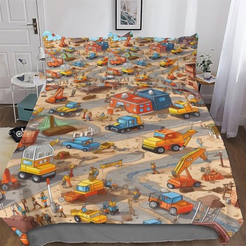 AAPZY Baustelle Muster Deckenbezug Bettwäsche Set 2 teilig Für Jungen Mädchen Atmungsaktiv Microfaser Angenehme Bettbezüge - Bettbezug + Kissenbezug Single (135x200cm)