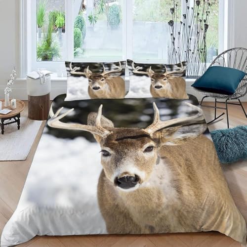 Bettwäsche 200x200 cm Hirsch 3 Teilig Bettbezug 200 x 200 Verschneite Landschaft Bettwäsche-Sets 3D Weiche Mikrofaser Bettbezug Set mit Reißverschluss + 2 Kissenbezüge h-905