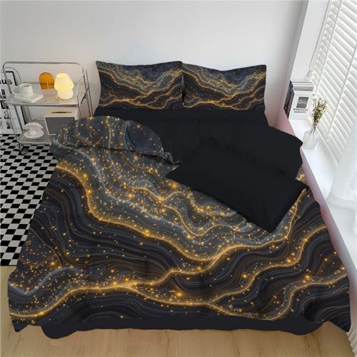 SMBHIAON Bettwäsche 155×220Cm 3-Teilig Bettdeckenbezug Schwarzer Und Goldener Marmor - Bettbezug Set Goldene Wellenlinien Mit 2 Kissenbezügen 80X80 cm Mit Reißverschluss, Bügelfrei Und Weich