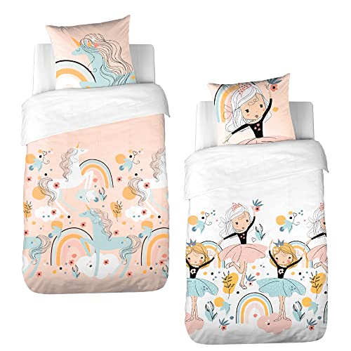 CÔTE DECO Bettwäsche für Kinder, wendbar, Einhorn und Tänzerin, Rosa, Bettbezug 140 x 200 cm + 1 Kissenbezug 63 x 63 cm