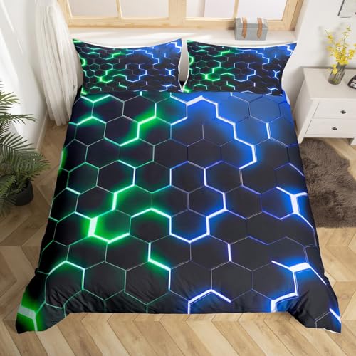 feelingyou Honeycomb Bettbezug S Größe, Hexagon Grün Blau Neon Lichter Tröster Cover Set für Jungen Mädchen, 3D abstrakte Bettwäsche Quilt Cover Set Schlafzimmer, 2 Stück