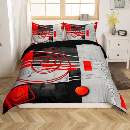 Homemissing Moderne Bettwäsche, Rot, Schwarz, Grau, geometrische Linie, bedruckt, Bettbezug 140 x 200 cm, abstrakte Kunst, Bettwäsche-Set für Jugendliche, rund und Blockmuster, Dekoration, 2-teilig