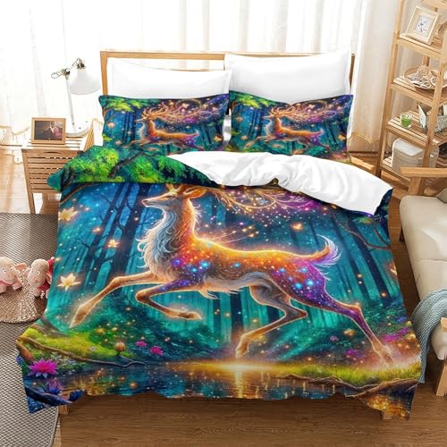 YYVKPMLXC Hirsch Bettwäsche-Sets,Phantast ischer Wald 3D Druck Deckenbezug, 3teiliges Set Weich Mikrofaser Mit Kissenbezug Und Reißverschluss Für Kinder Geburtstag Weihnachten Double?200x200cm?