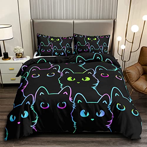 HOSIMA Katzen-Bettwäsche-Sets für Jungen und Mädchen, Kinder, niedlich, bunt, Farbverlauf, Cartoon, Schwarze Katze, Bettbezug mit 2 Kissenbezügen(Katze S)