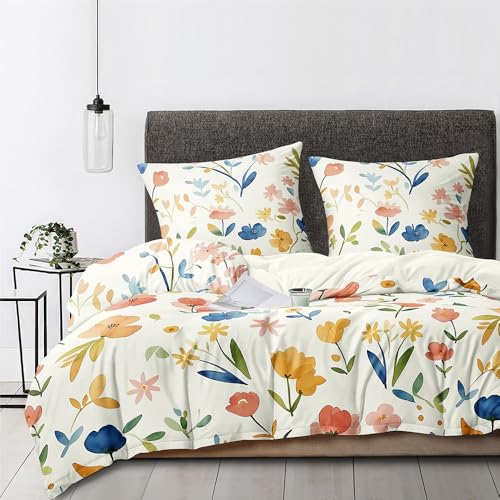 Boqingzhu Bettwäsche Blumen 135x200 cm - Bettwäsche-Sets Beige Weiß Bunt Bettbezug mit 1 Kissenbezug 80x80 cm, Bettwäsche Weich mit Pflanzen Blumenwiese Muster