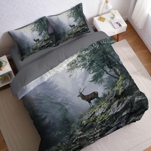 Dschungel Bettwäsche Set 200 x 200 cm Waldtiere Hirsche Mikrofaser 3 teilig Deckenbezug mit Reißverschluss und 2 Kissenbezüge für Erwachsene Teenager