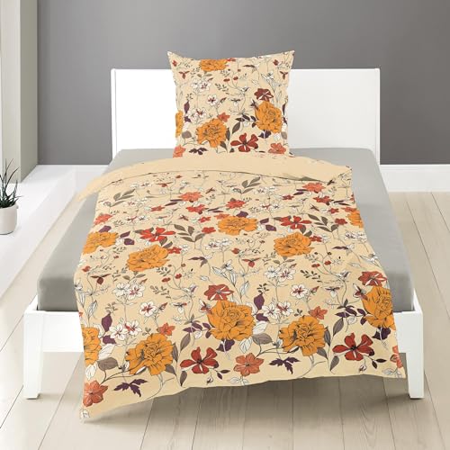 Bierbaum Biber Bettwäsche 3931 Blumen Farbe: Sand 135x200 und 80x80 cm 100% Baumwolle