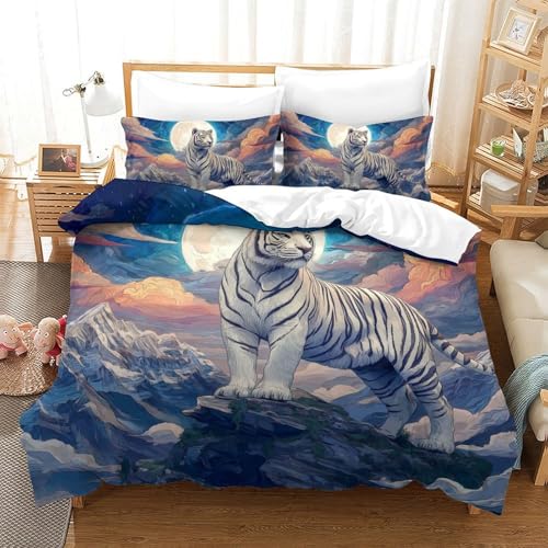 WBCFGHJKN Weißer Tiger Bettbezug Bettwäsche Kinderbettwäsche-Set Reißverschluss Mit Kissenbezügen Betten 3-teiliges Set Für Jungen Und Mädchen Double?200x200cm?