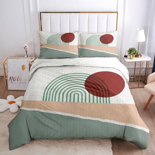 Bettwäsche Set 220X240Cm 100% Microfaser Weihnachts Bettwäsche Für Erwachsene, 3D Grüne Und Orange Geometrische Spleißen Einfache Texturlinien Muster 3 Teilig-Set : 1 Bettbezug + 2 Kissenbezug 80X8