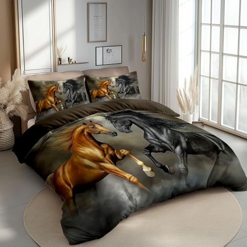 Bettbezug Tiere Pferd Wettbewerb Bettwäsche Sets Microfaser Bettbezug Gold Schwarz Bügelfrei & Knitterfrei Deckenbezug 200 X 200 cm Mit Reißverschluss Und 2 Kissenbezug 80X80 cm