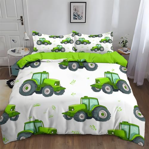 Bedding Bettwäsche 135 x 200 cm Set - Olivgrün Einfach Cartoon Süß Traktor Muster Leicht atmungsaktiv und farbecht Bettbezug mit Reißverschluss, Geeignet für Jungen und Mädchen