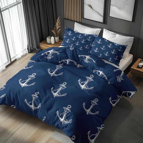Generisch Bettwäsche 135x200 Maritim Ankers, Weiche Bügelfreie Mikrofaser Bettbezug Set 2tlg, Marineblau Nautisch Muster Schlafzimmer Deko, 1 Kissenbezug 80x80, mit Reißverschluss GAV12