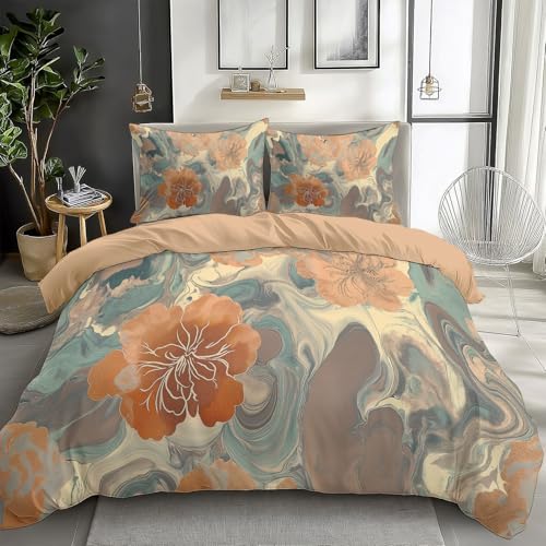CozyRest Bettwäsche Set 3-teilig, 135 x 200 cm Blumige Rosen Braun Bettbezug mit Reißverschluss und Eckenbändern, 2 Kissenbezüge, Pflegeleicht, für Einzelbett