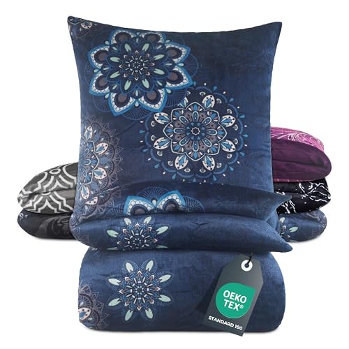 BaSaTex Winter Plüsch Cashmere Touch Bettwäsche Set Nicky Teddy Flausch Coral Fleece | 135x200 Bettbezug + 80x80 Kissenbezug | Design: Mandala Blau