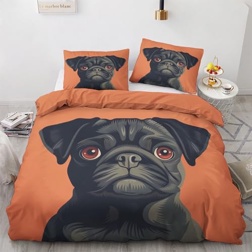 Bettwäsche 155x220 Schwarzer Mops Bettwäsche-Sets 2-teilig, Mikrofaser, mit Reißverschluss für Mädchen Jungen. (Bettbezug 155x220 + 1 Kissenbezüge 80x80) G5X10112