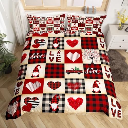 Herz-Elemente 3D-Druck Bettwäsche-Sets 135x200 Bettzeug Weiche Mikrofaser Rot-Schwarz Kariert 3teilig Bettwäsche mit Leichtläufigem Reißverschluss und 2 Kissenbezüge 80x80 h-1147
