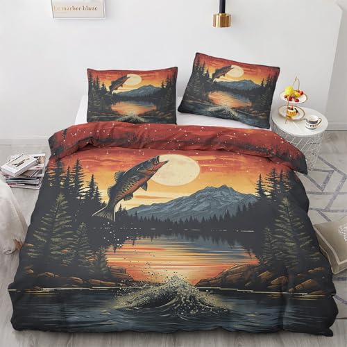 Bettwäsche 135x200 Angeln See Sonnenuntergang Motiv - Fisch Berg Bettbezug und 1 Kissenbezug 80x80, Weiche Bügelfreie Mikrofaser Deckenbezug 2er Set mit Reißverschluss, Wendebettwäsche & Deko M&-1344