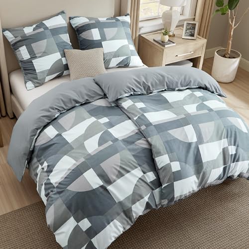 BEDSURE Bettwäsche 135x200 4teilig Bettbezug   Bettwäsche Sets 135 x 200 cm 2er Set 2 Kissenbezüge 80x80cm, ÖKO TEX Wendebettwäsche Bedding Grau Geometrie Muster Reißverschluss