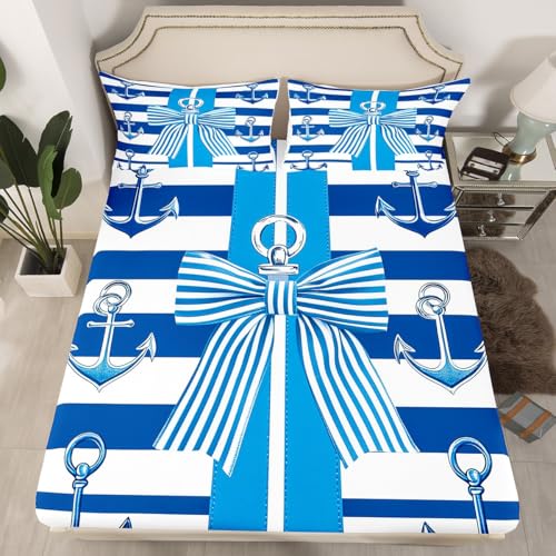 feelingyou Blauer Schleifenknoten Einbaublech L Größe Nautischer Anker und Krawattenknoten Bettdeckung 2pcs Geometrische Streifen Ocean Bettwäsche Set für Erwachsene
