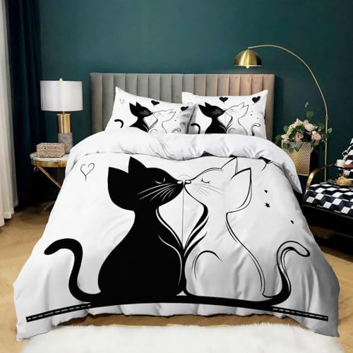 180 x 200 cm Bettwäsche-Set Schwarz und Weiß Mikrofaser Mit Reißverschluss Elegantes Katzenpaar Bedruckter Bettbezug Mit 2 Kissenbezug 80 x 80 cm Moderne Bedruckte Bettbezüge
