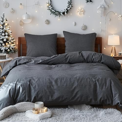 Simple&Opulence Bettwäsche 135x200 Baumwolle 2teilig, weich und warm Bettwäsche-Sets mit Reißverschluss ÖkoTex Zertifiziert Bettbezug und 1 Kissenbezug 80x80, Anthrazit