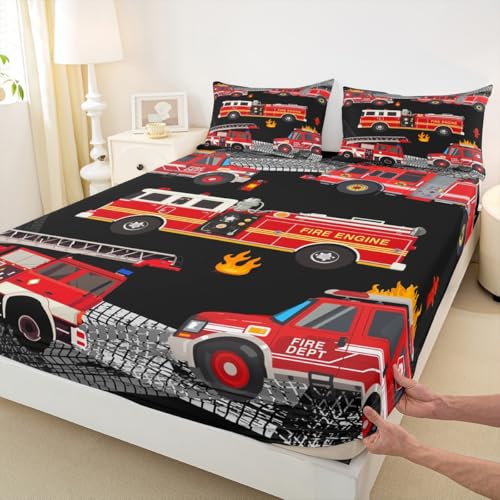 Feuerwehr-Spannbetttuch, Doppelbettgröße, Cartoon-Feuerwehrauto-Bet twäsche-Set, 2-teilig, für Kinder, Jungen, Teenager, Mädchen, Raumdekoration, rotes Feuerwehrauto, Bettlaken, modisch, Schwarz/Grau,