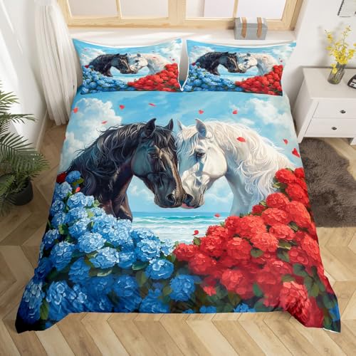 feelingyou Pferd Kinder Bettdecke L Größe Meer Wellen Blumen Weiche Polyester Decke Abdeckung Glücklichen Valentinstag Bettwäsche Set(2 Kissenbehälter)