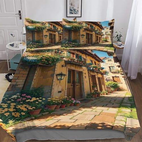 Landhausstil 3D-Druck Bettwäsche-Sets 135x200 Bettzeug Weiche Mikrofaser Kunst 3teilig Bettwäsche mit Leichtläufigem Reißverschluss und 2 Kissenbezüge 80x80 h-2809