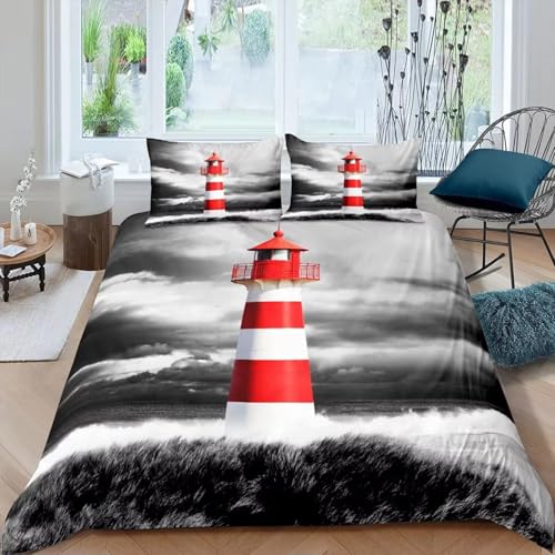BJCJGGL Bettwäsche 260x240 Rot Leuchtturm Bettwäsche-Set mit Reißverschluss Schließung + 2 Kopfkissenbezug 80x80 cm - Weicher Atmungsaktive Mikrofaser Bettbezug für Erwachsene Kinder