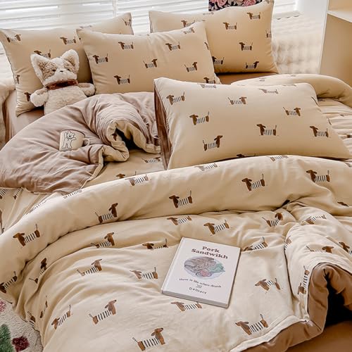 Sedefen Bettwäsche 200x220cm Dackel Beige Braun Wendebettwäsche Set 3 Teilig Wursthund Dackel-Motiv Bettwaren-Sets Microfaser ÖKO-TEX Bettbezug mit Reißverschluss und 2 Kissenbezug 80x80cm
