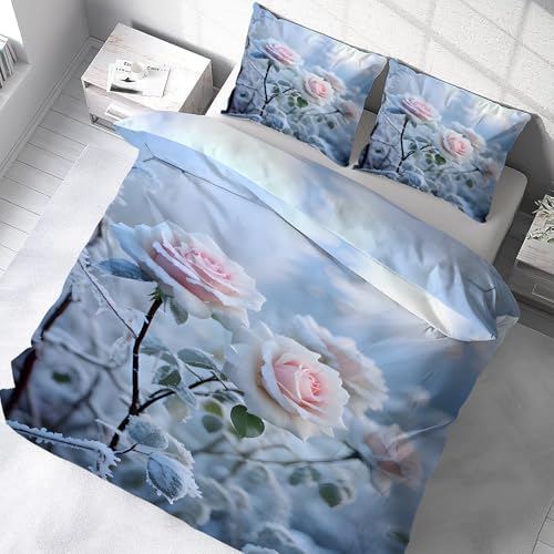 YZQGLHP Bettwäsche 220x240 Schnee Rose Bettbezug Microfaser Bettwäscheset Jugendliche Blau Weiß Deckenbezug King Size 3 Teilig Modern Luxus Bettgarnitur Paare Set Reißverschluss