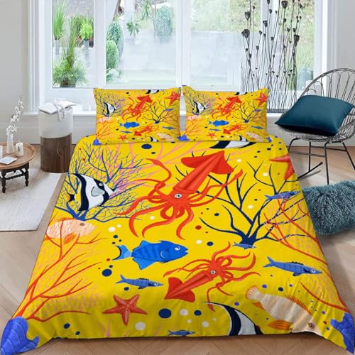 MOXINO 3D Maritime Bettwäsche 155x220 cm 3teilig Fisch Oktopus Bettwäsche für Teenager Leicht Mikrofaser Bettbezug Sommer Weiche Bettbezüge mit 2 Kissenbezüge 50x75?Muster 109-6?