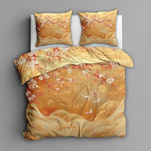 Generisch Mikrofaser Bettwäsche 200x200 Kirschblüten 3tlg - Asiatische Orientalisch Japanisch Wendebettwäsche Deko, Weiche Bügelfreie Bettbezug mit Reißverschluss, 2 Kissenbezug 80x80 AD1715
