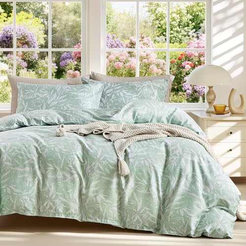 Tokokimo Bettwäsche 200x200 3teilig - Bettwäsche-Sets mit 2 Kopfkissenbezüge mit Reißverschluss 80x80 cm - Blattmuster Mikrofaser Bettbezug für Doppelbetten mit Reißverschluss, Hellgrünes