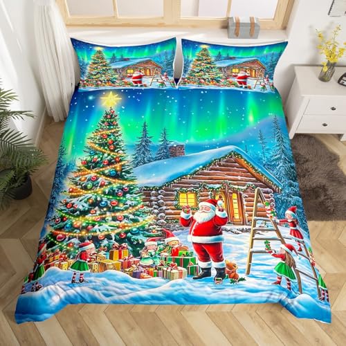 Loussiesd Santa Claus Bettwäsche Set 155x220cm Frohe Weihnachten Weihnachten Thema Baum Geschenke Aurora Bettbezug Set Weiß mit Reißverschluss