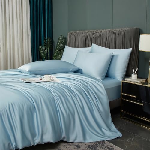Luofanfei Bambus Bettwäsche 155x220 cm Blau Hellblau Sommer Kühlende Uni Bambusfasern Lyocell Glänzend Bettwäsche Set Atmungsaktiv Bamboo Luxus Muster Bettbezug Einzelbett und Kissenbezüge 80x80 cm