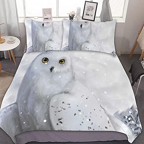 Wnyun Bettwäsche Set 135x200cm Weiße Schneeeule Tier Eule Vogel Bettwäsche 3D Bettbezüge Kissenbezüge Bettbezug bettzeug microfaser 3-teiliger Teenager mädchen Jungen kinder Geschenk