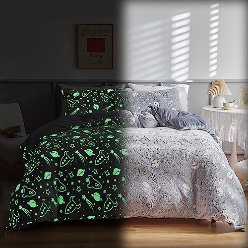 Freyamy Flanell Bettwäsche 135x200cm Grau Weltraumrakete Leuchtend im Dunkeln Winterbettwäsche Samt Biber Cashmere Touch Flauschige Reißverschluss 1 80x80cm