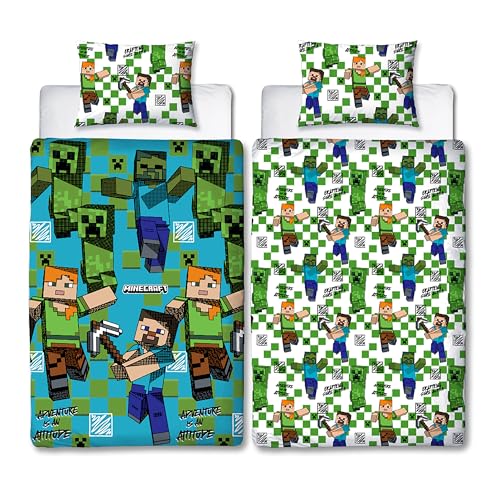 Character World Minecraft Offizielles Bettwäsche-Set für Einzelbett, gezeichnetes Gaming-Design, wendbar, 2-seitig, inkl. passendem Kissenbezug, Einzelbett-Set