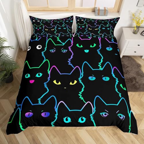 Homewish Bettbezug Katze, 220 x 240 cm, für junge Jungen, Mädchen, Bettwäsche, Cartoon-Tiere, Bettwäsche-Sets Kawaii aus Mikrofaser, mit 2 Kissenbezügen, 65 x 65 cm